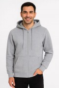 Erkek 3 İplik Pamuklu Kapüşonlu Tam Fermuarlı Cepli Hoodie Sweatshirt - Gri