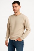 Erkek 3 İplik Pamuklu Düz Bisiklet Yaka SweatShirt - Bej