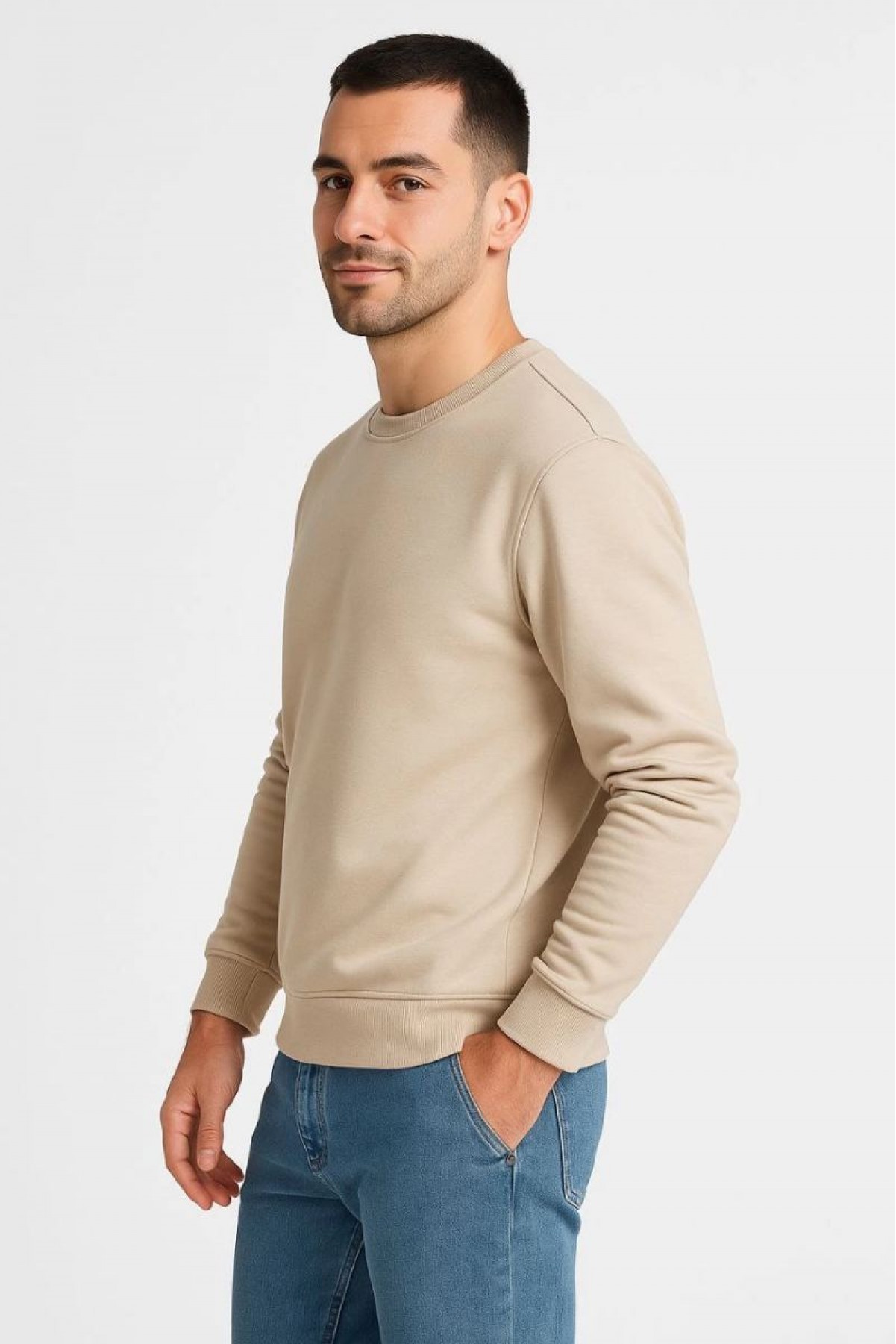 Erkek 3 İplik Pamuklu Düz Bisiklet Yaka SweatShirt - Bej