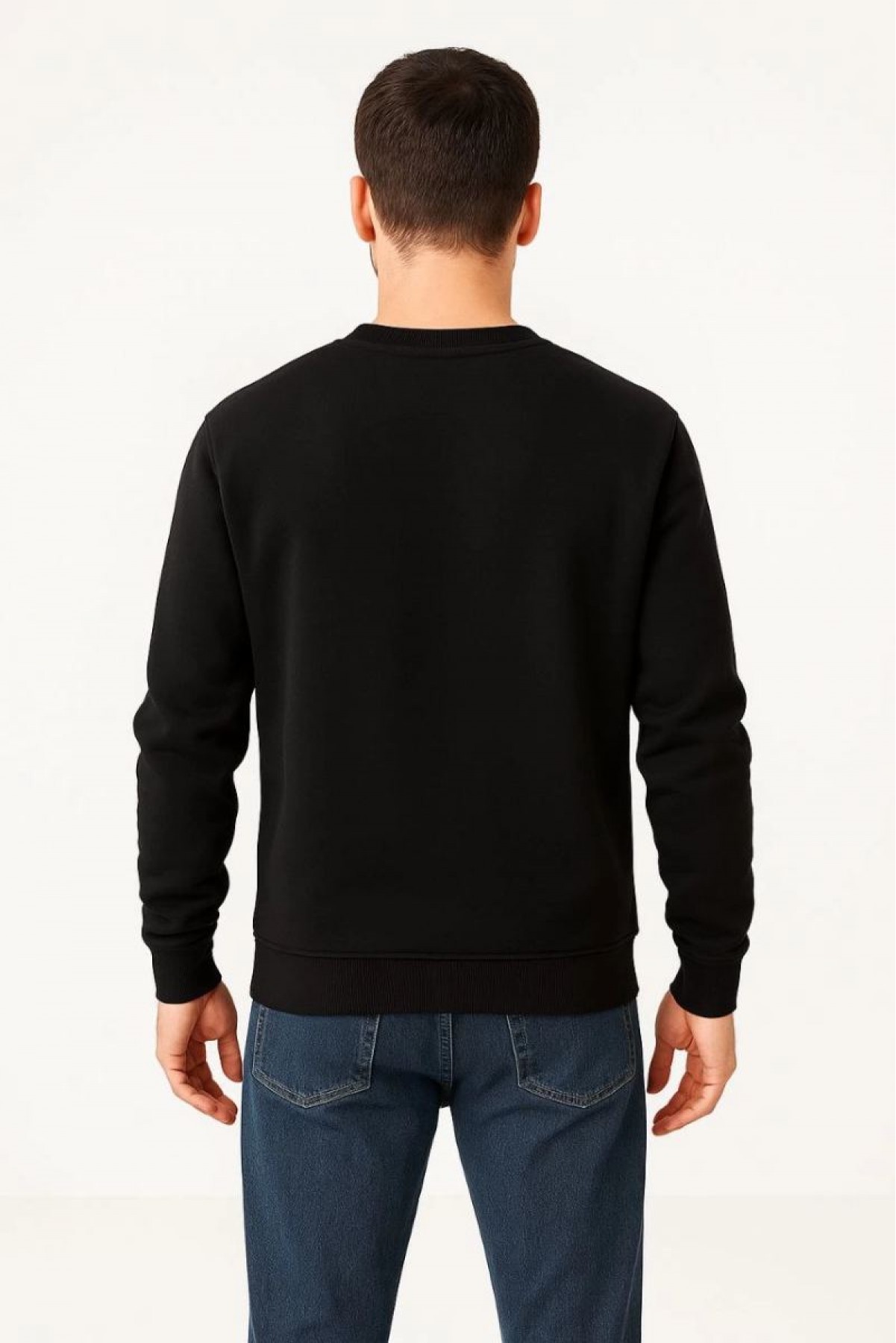 Erkek 3 İplik Pamuklu Düz Bisiklet Yaka SweatShirt - Siyah