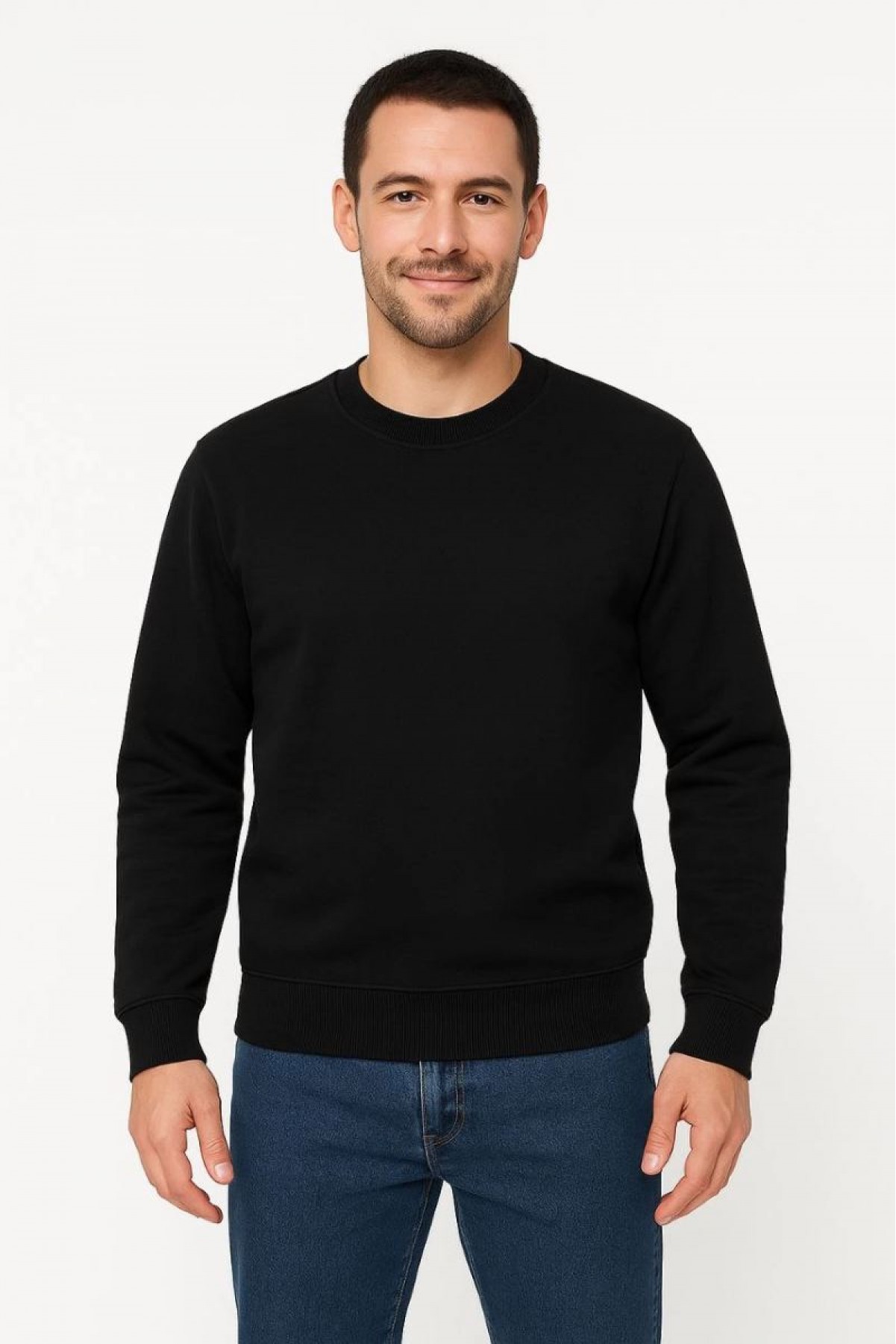 Erkek 3 İplik Pamuklu Düz Bisiklet Yaka SweatShirt - Siyah