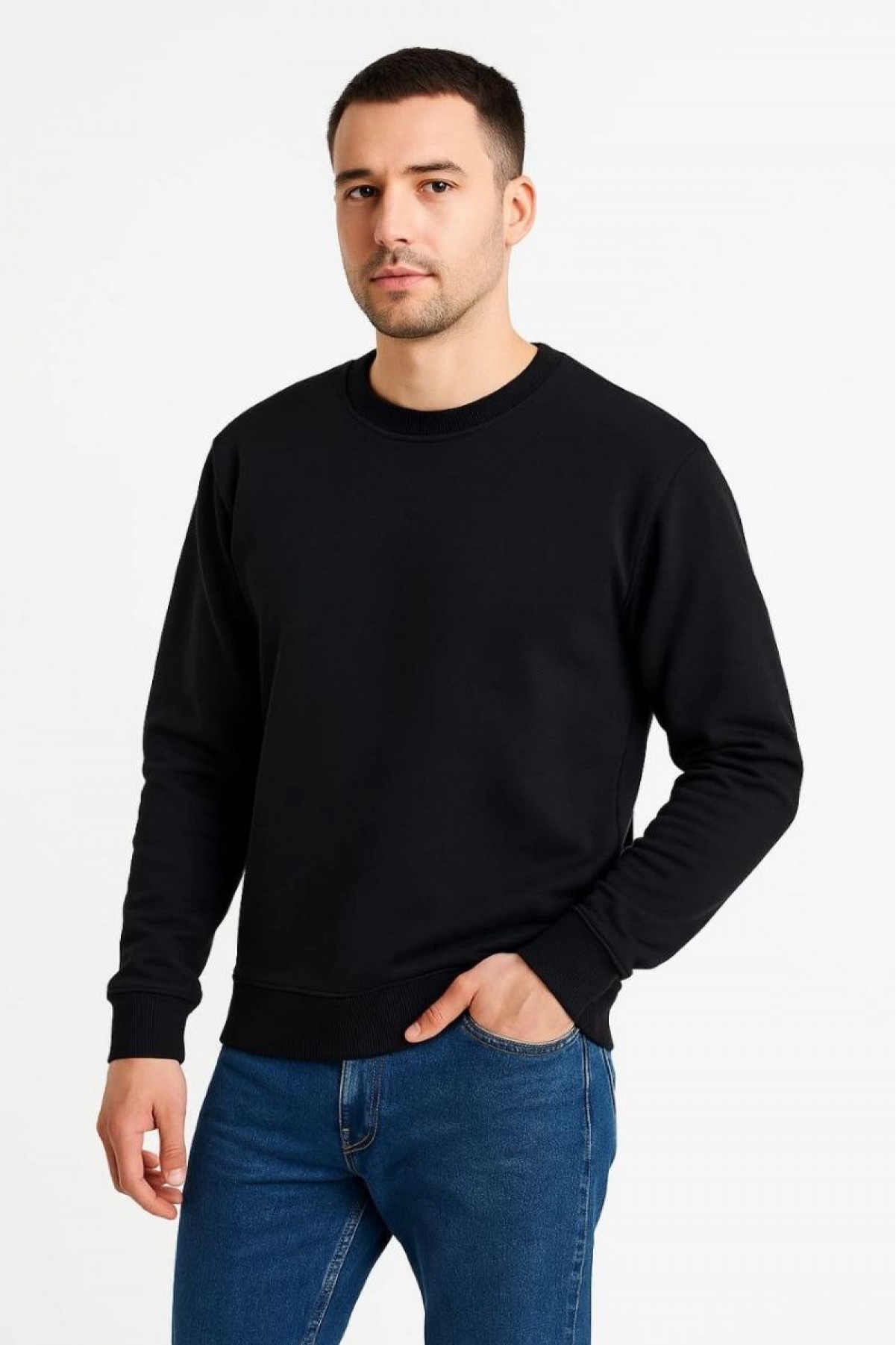 Erkek 3 İplik Pamuklu Düz Bisiklet Yaka SweatShirt - Siyah