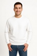 Erkek 3 İplik Pamuklu Düz Bisiklet Yaka SweatShirt - Beyaz