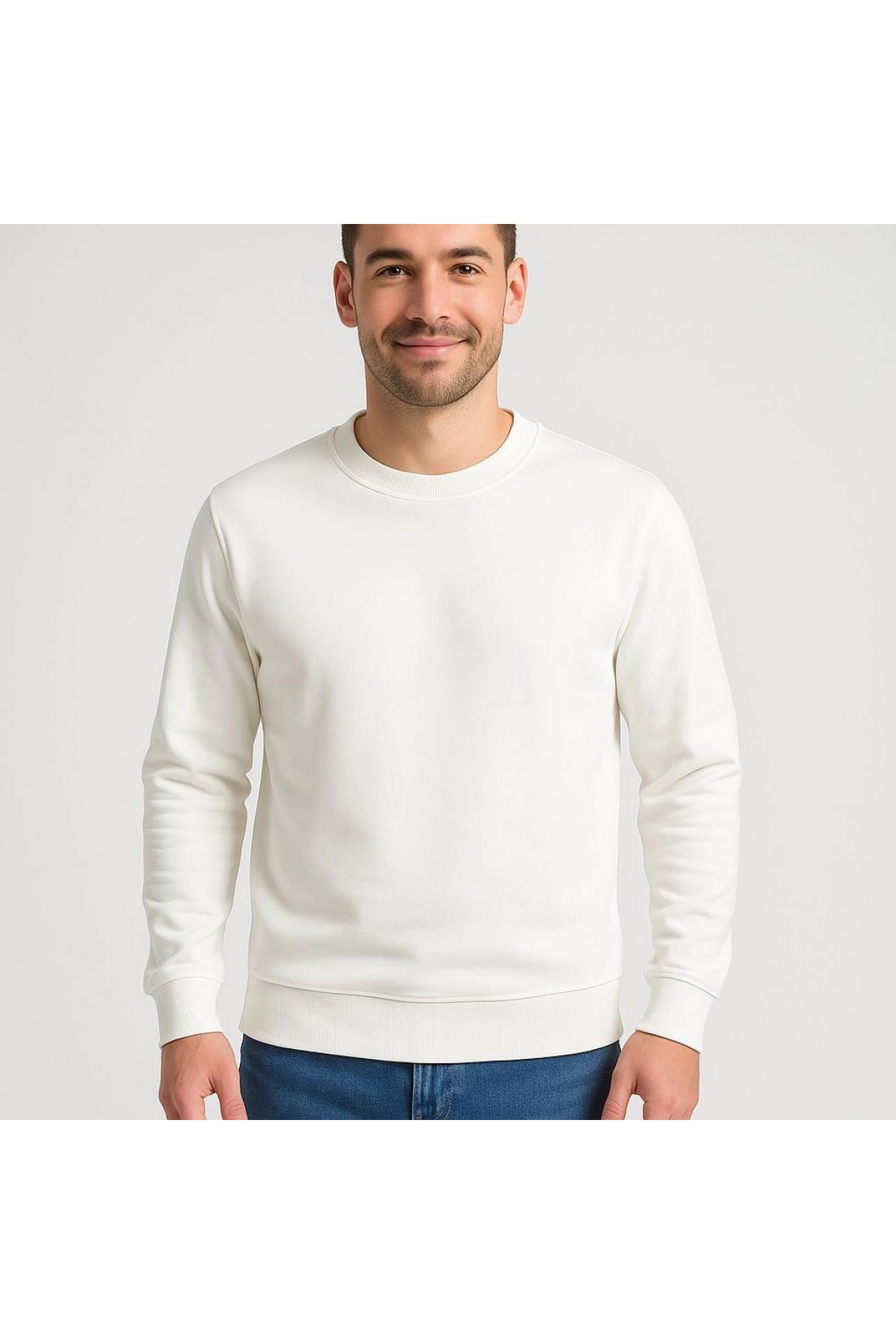 Erkek 3 İplik Pamuklu Düz Bisiklet Yaka SweatShirt - Beyaz