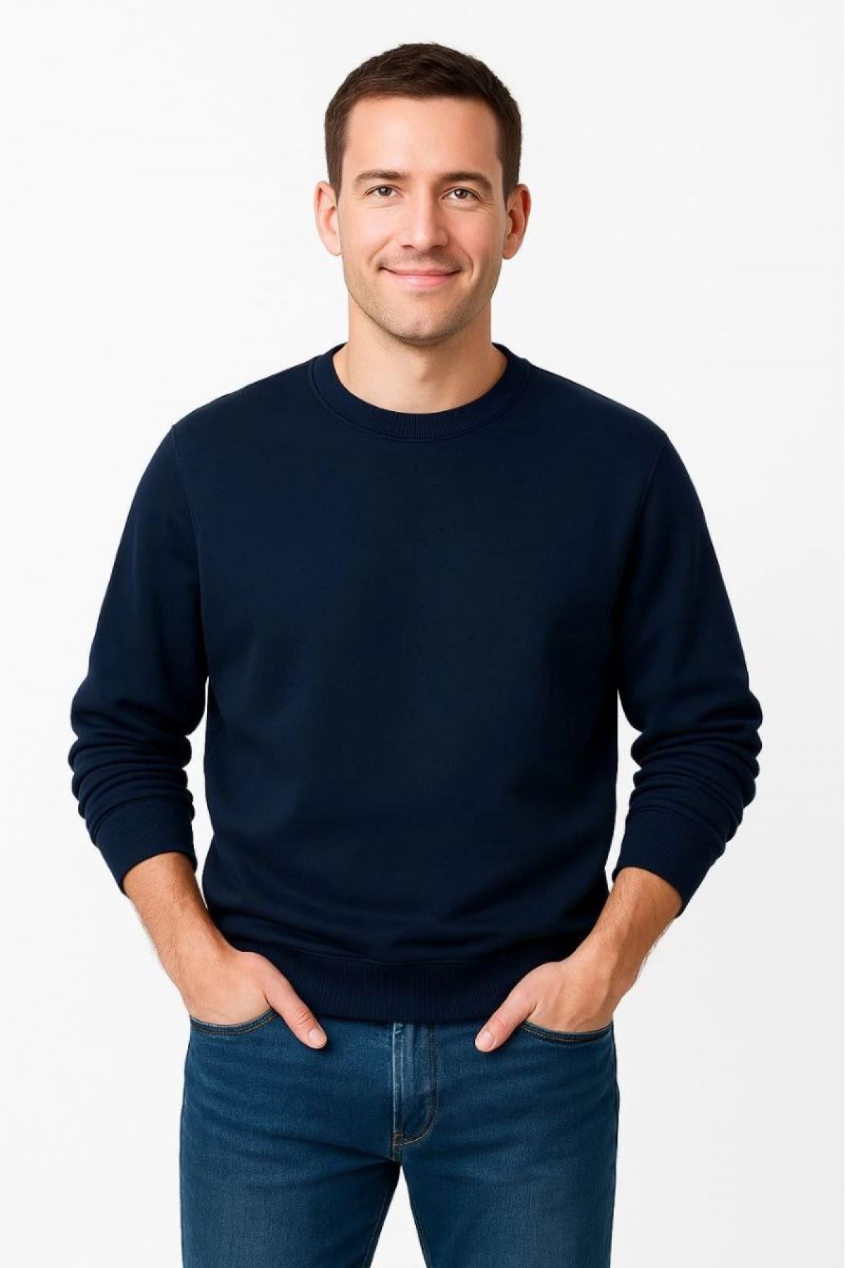 Erkek 3 İplik Pamuklu Düz Bisiklet Yaka SweatShirt - Lacivert