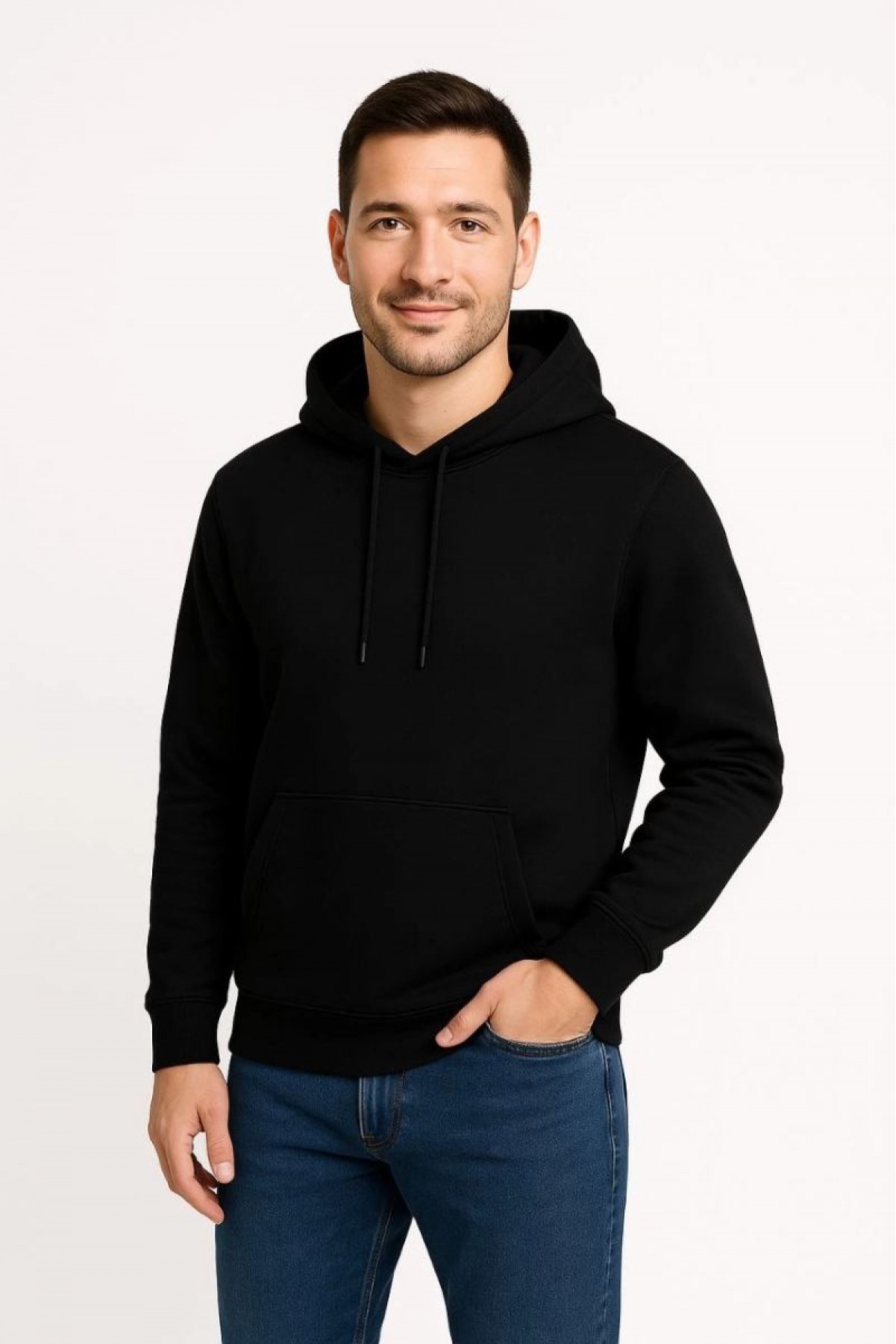Erkek 3 İplik Pamuklu Kapüşonlu Kanguru Cepli SweatShirt hoodie - Siyah