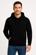 Erkek 3 İplik Pamuklu Kapüşonlu Kanguru Cepli SweatShirt hoodie - Siyah