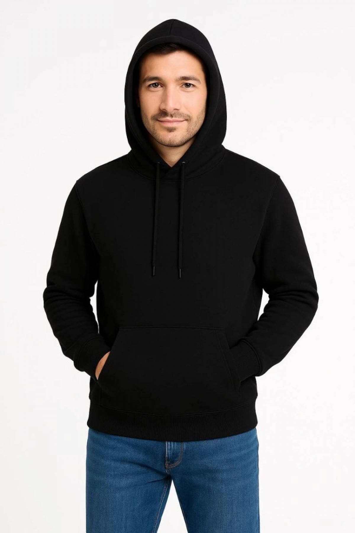 Erkek 3 İplik Pamuklu Kapüşonlu Kanguru Cepli SweatShirt hoodie - Siyah