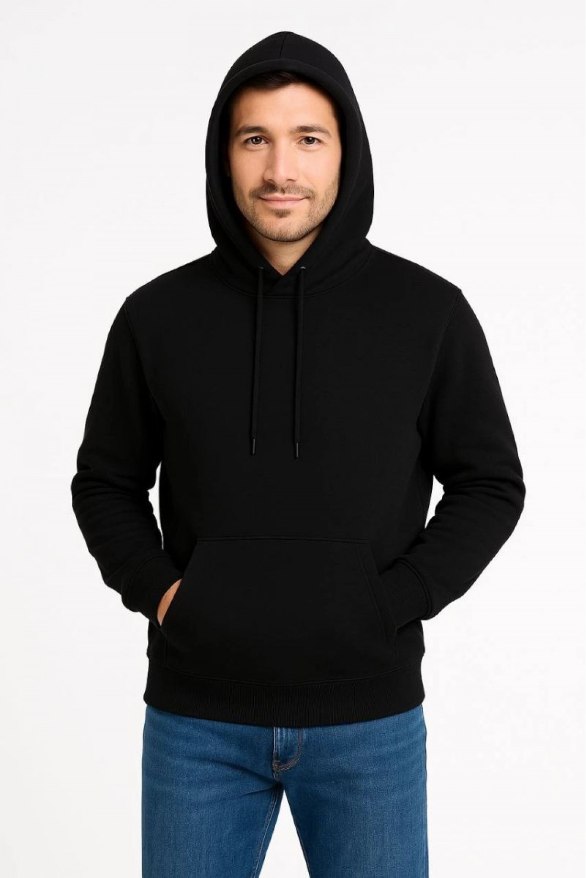 Erkek 3 İplik Pamuklu Kapüşonlu Kanguru Cepli SweatShirt hoodie - Siyah