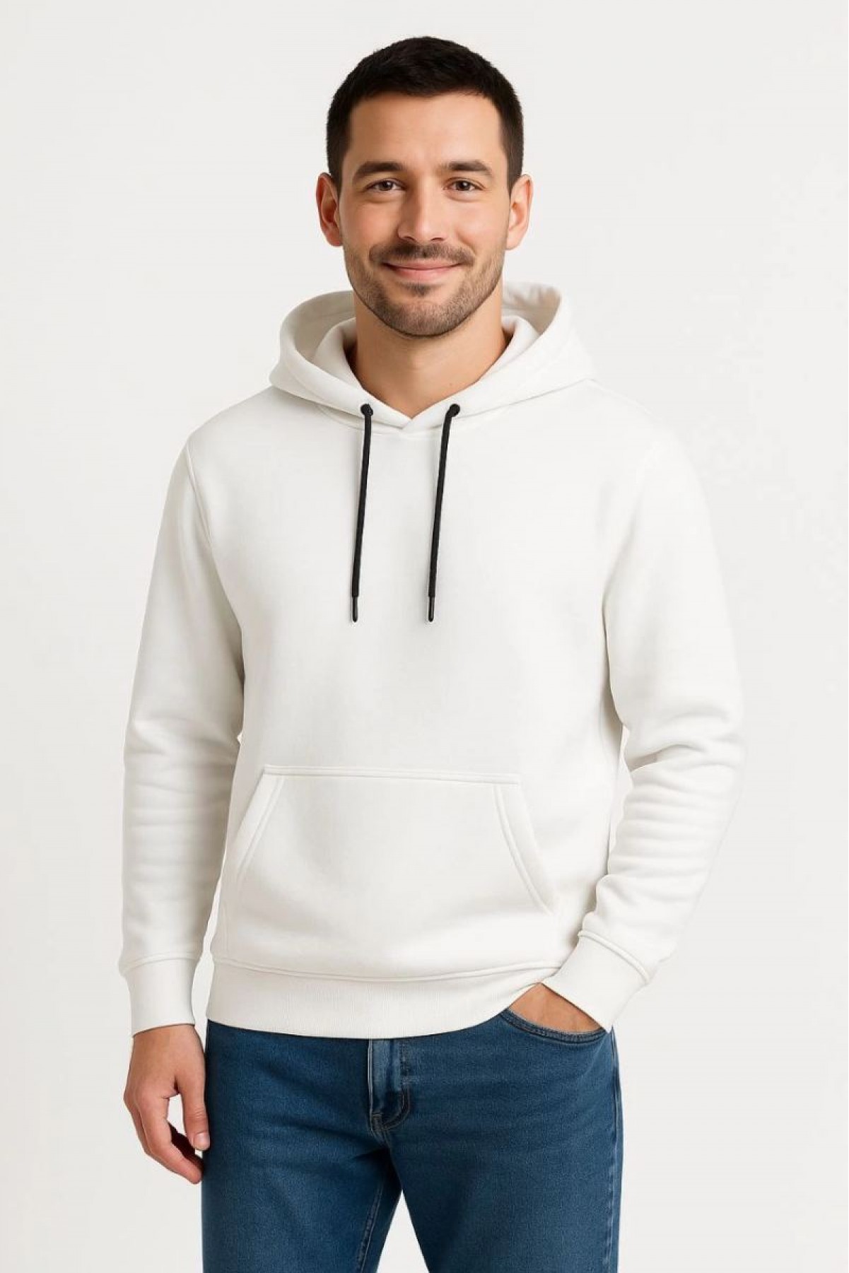 Erkek 3 İplik Pamuklu Kapüşonlu Kanguru Cepli SweatShirt hoodie - Beyaz