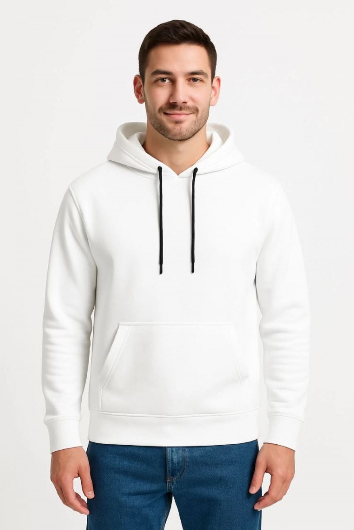 Erkek 3 İplik Pamuklu Kapüşonlu Kanguru Cepli SweatShirt hoodie - Beyaz