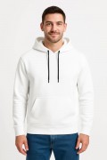 Erkek 3 İplik Pamuklu Kapüşonlu Kanguru Cepli SweatShirt hoodie - Beyaz