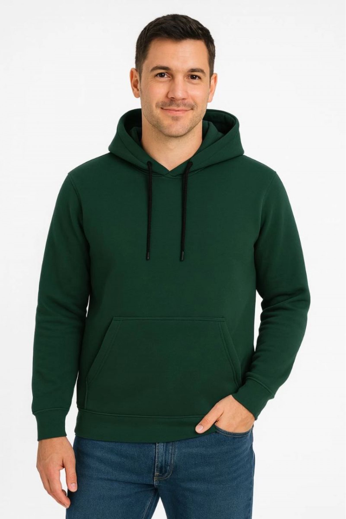 Erkek 3 İplik Pamuklu Kapüşonlu Kanguru Cepli SweatShirt hoodie - Haki