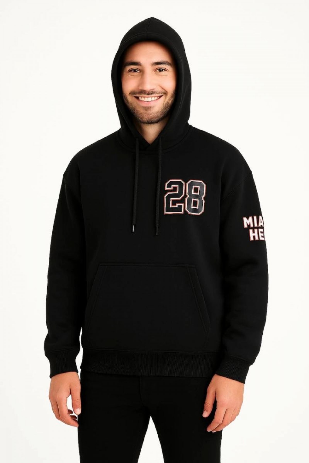 Erkek Kapüşonlu Kanguru Cepli Sweatshirt 3 İplik Pamuklu Baskılı Hoodie - Siyah