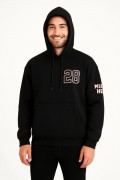 Erkek Kapüşonlu Kanguru Cepli Sweatshirt 3 İplik Pamuklu Baskılı Hoodie - Siyah