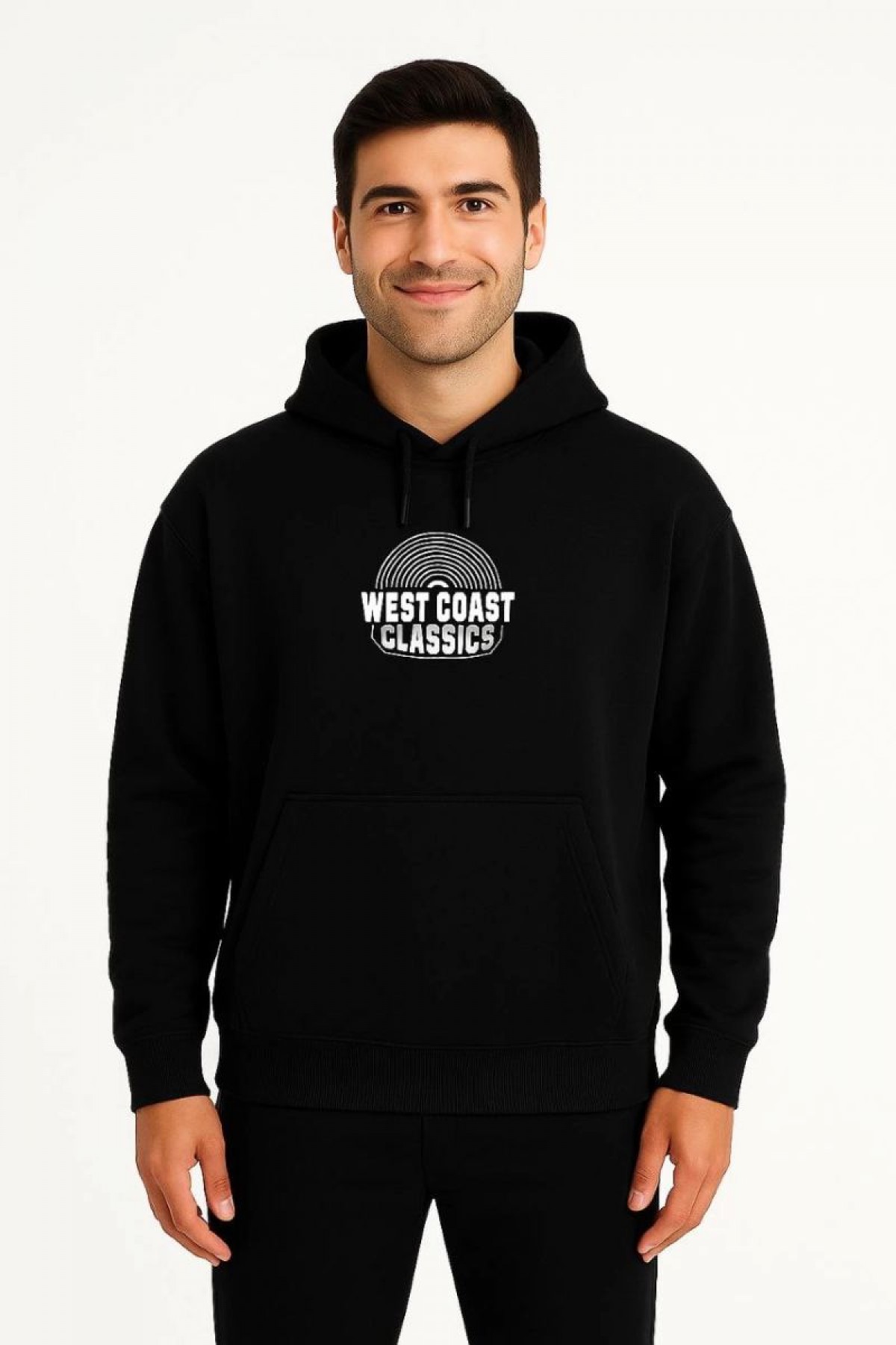 Erkek Kapüşonlu Kanguru Cepli Sweatshirt 3 İplik Pamuklu Baskılı Hoodie -  Siyah