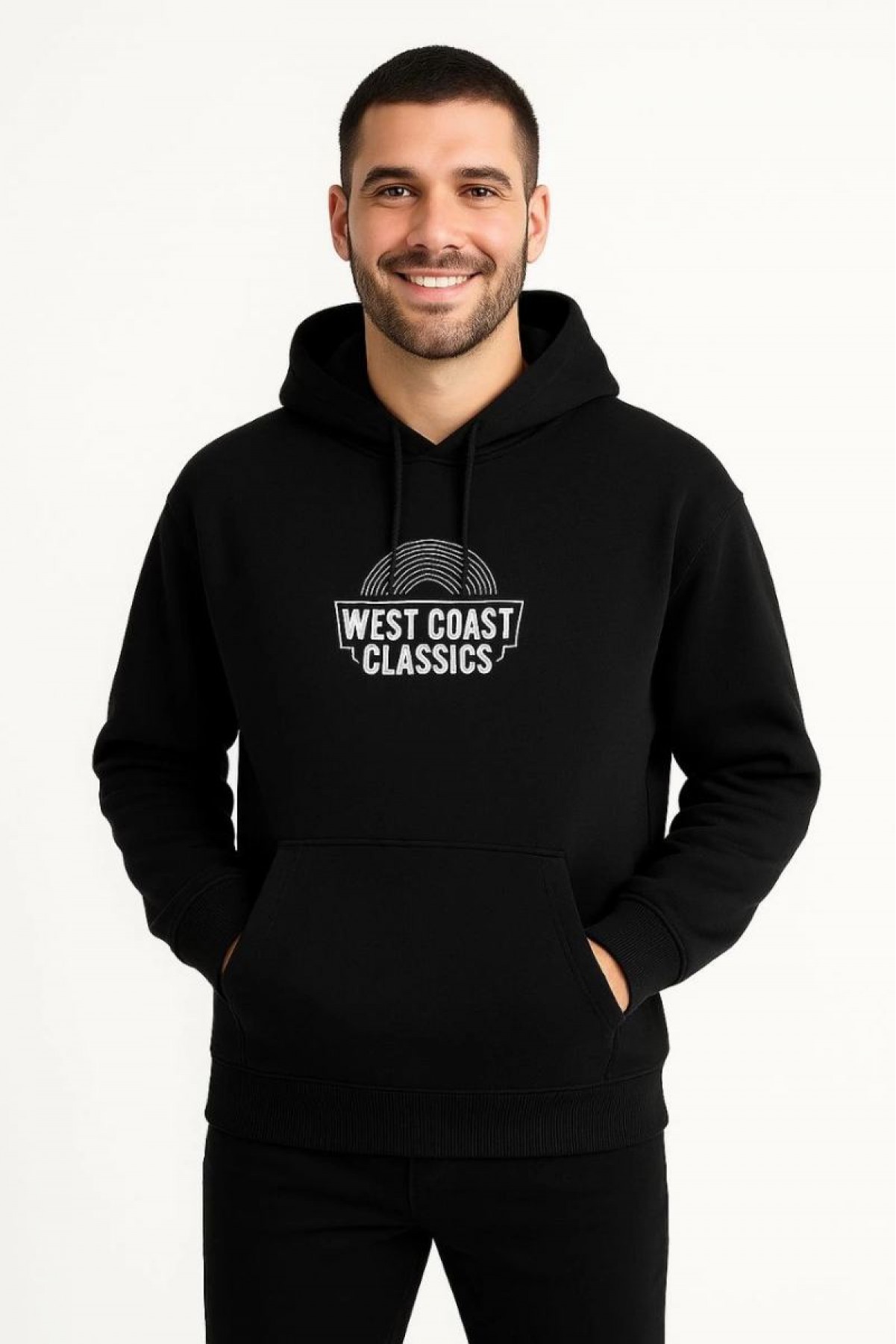 Erkek Kapüşonlu Kanguru Cepli Sweatshirt 3 İplik Pamuklu Baskılı Hoodie -  Siyah