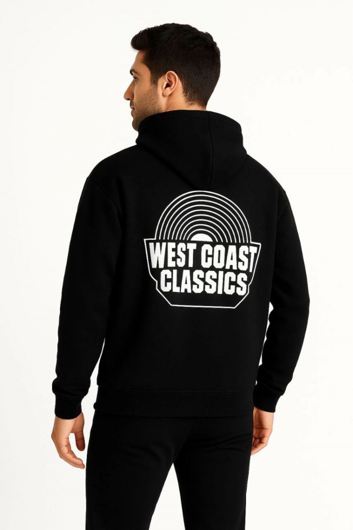 Erkek Kapüşonlu Kanguru Cepli Sweatshirt 3 İplik Pamuklu Baskılı Hoodie -  Siyah