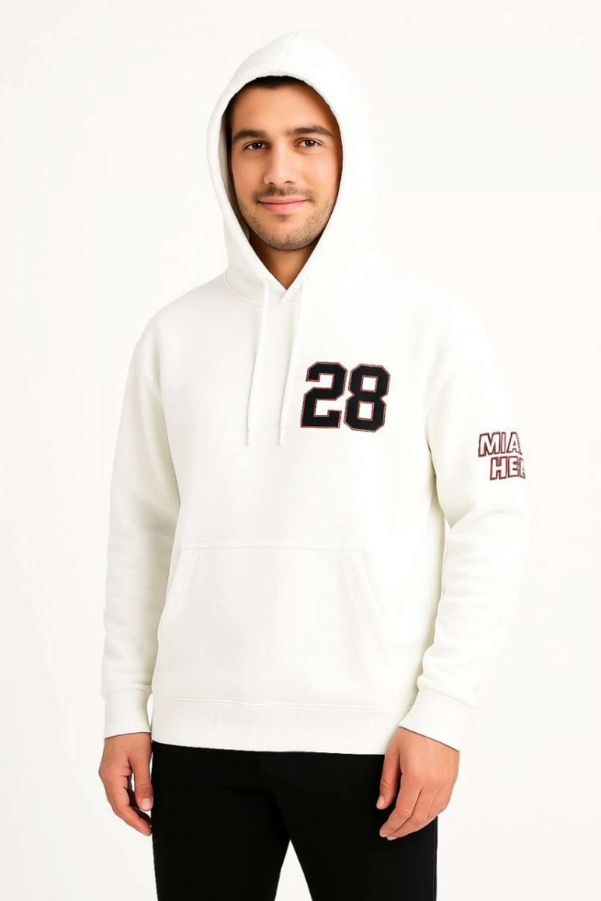 Erkek Kapüşonlu Kanguru Cepli Sweatshirt 3 İplik Pamuklu Baskılı Hoodie - Beyaz