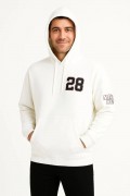 Erkek Kapüşonlu Kanguru Cepli Sweatshirt 3 İplik Pamuklu Baskılı Hoodie - Beyaz