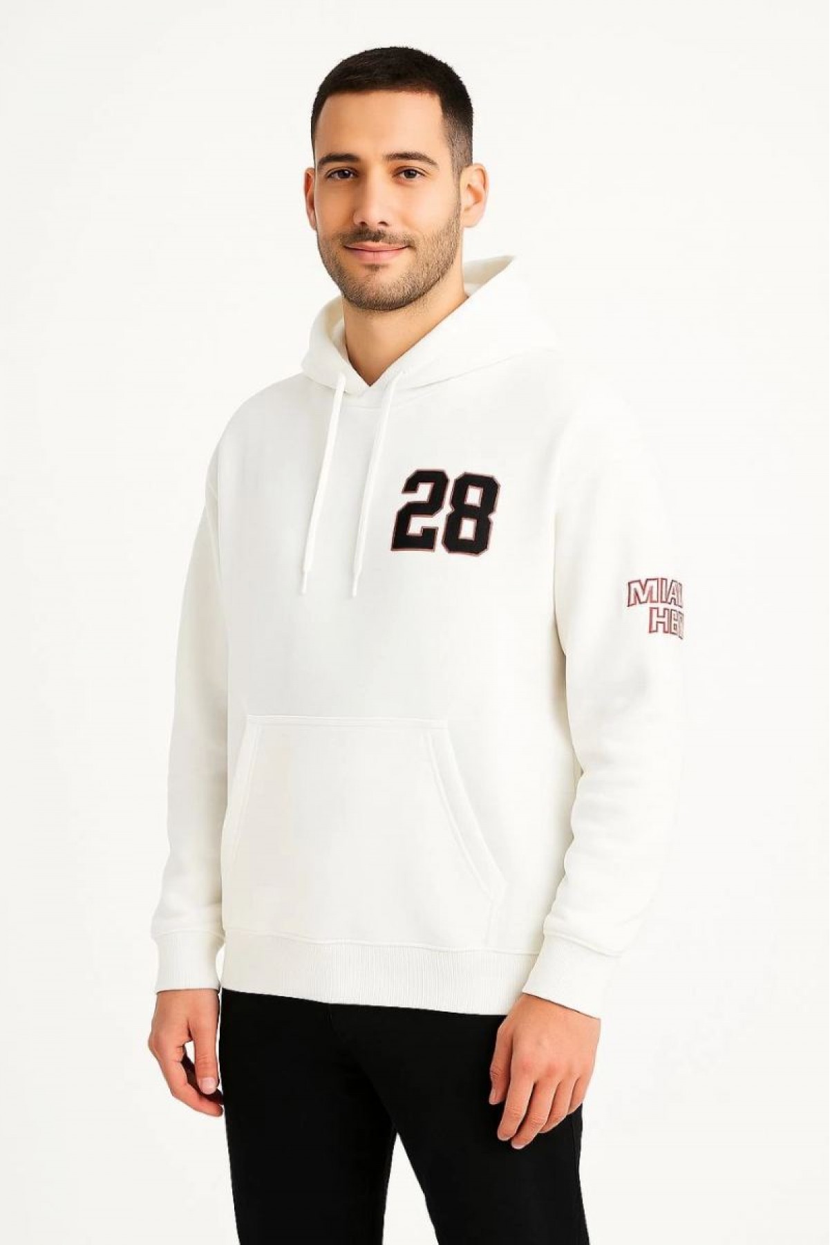 Erkek Kapüşonlu Kanguru Cepli Sweatshirt 3 İplik Pamuklu Baskılı Hoodie - Beyaz