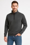 Erkek Dik Yaka Yarım Fermuarlı 3 İplik Pamuklu Sweatshirt -  Antrasit