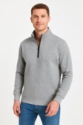 Erkek Dik Yaka Yarım Fermuarlı 3 İplik Pamuklu Sweatshirt - Gri