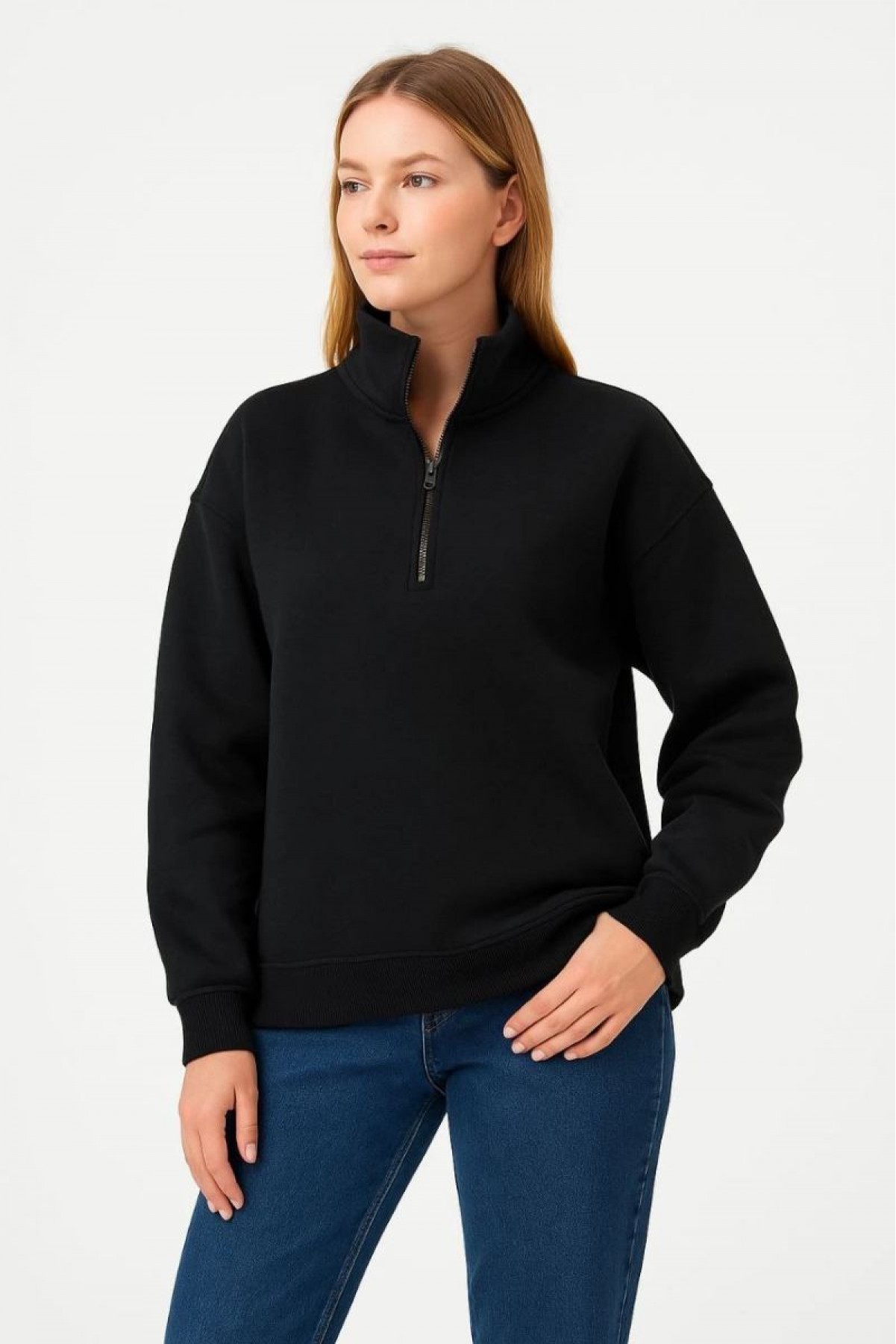 Kadın 3 İplik Pamuklu Dık Yaka Yarım Fermuarlı SweatShirt - Siyah