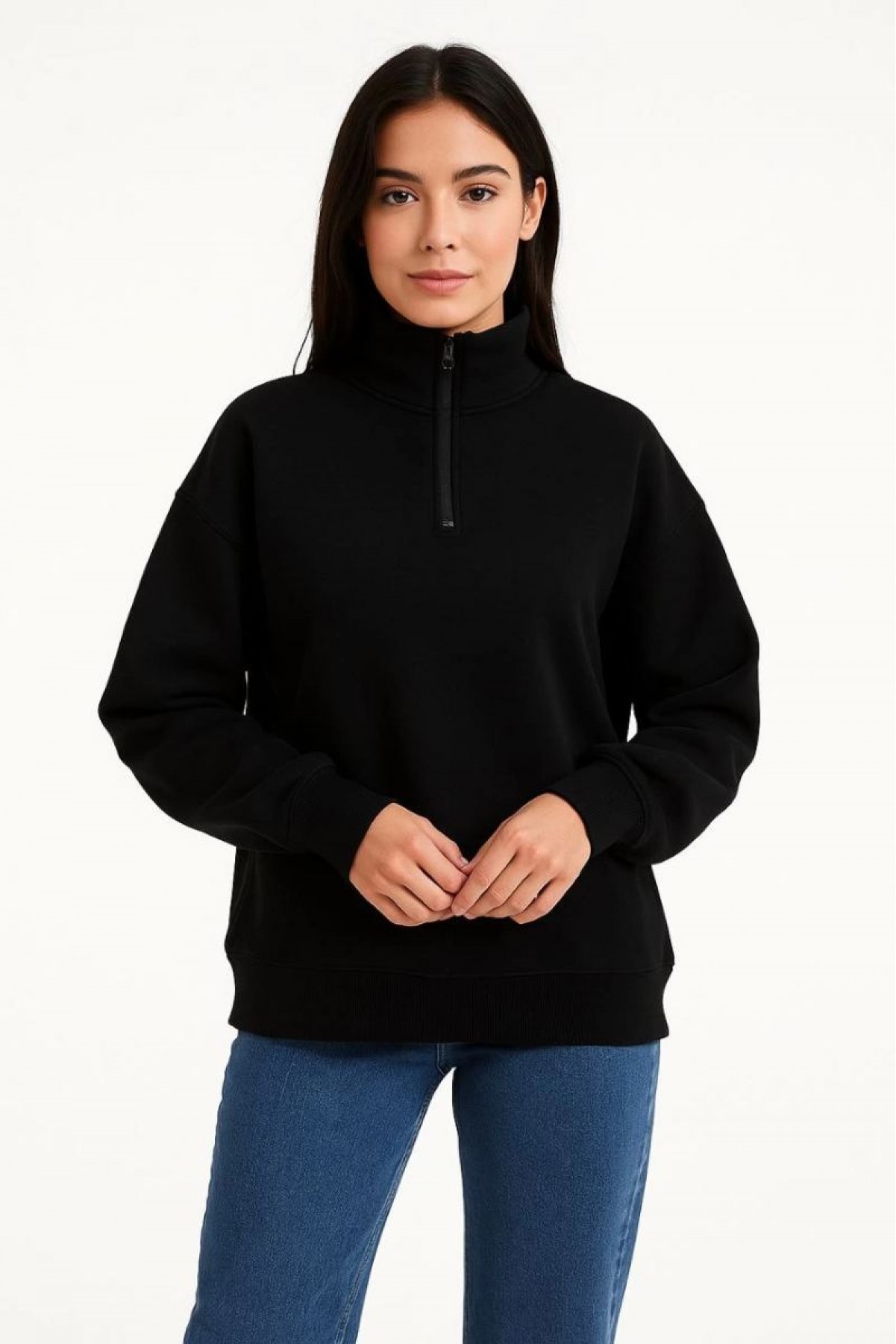 Kadın 3 İplik Pamuklu Dık Yaka Yarım Fermuarlı SweatShirt - Siyah