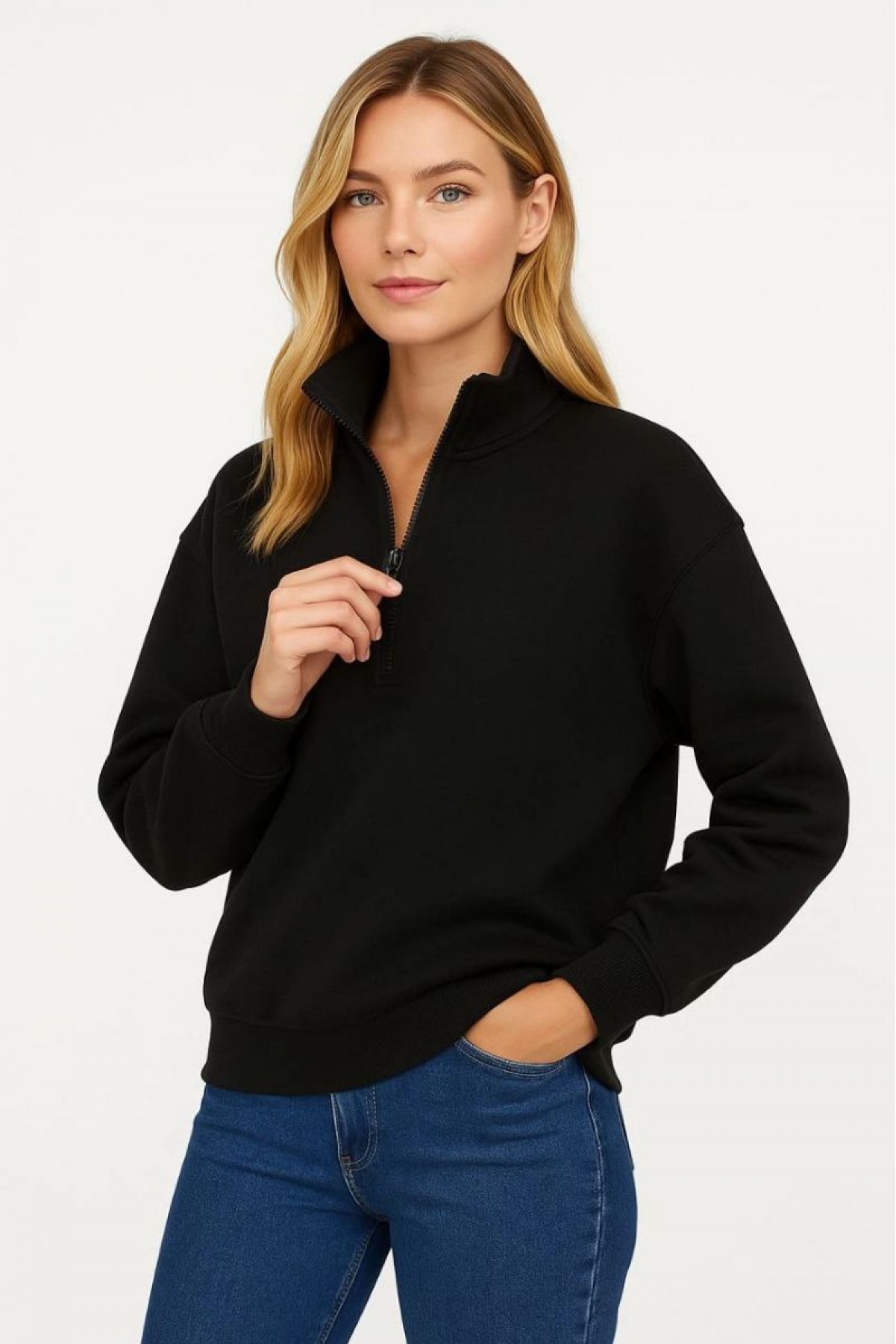 Kadın 3 İplik Pamuklu Dık Yaka Yarım Fermuarlı SweatShirt - Siyah