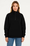 Kadın 3 İplik Pamuklu Dık Yaka Yarım Fermuarlı SweatShirt - Siyah