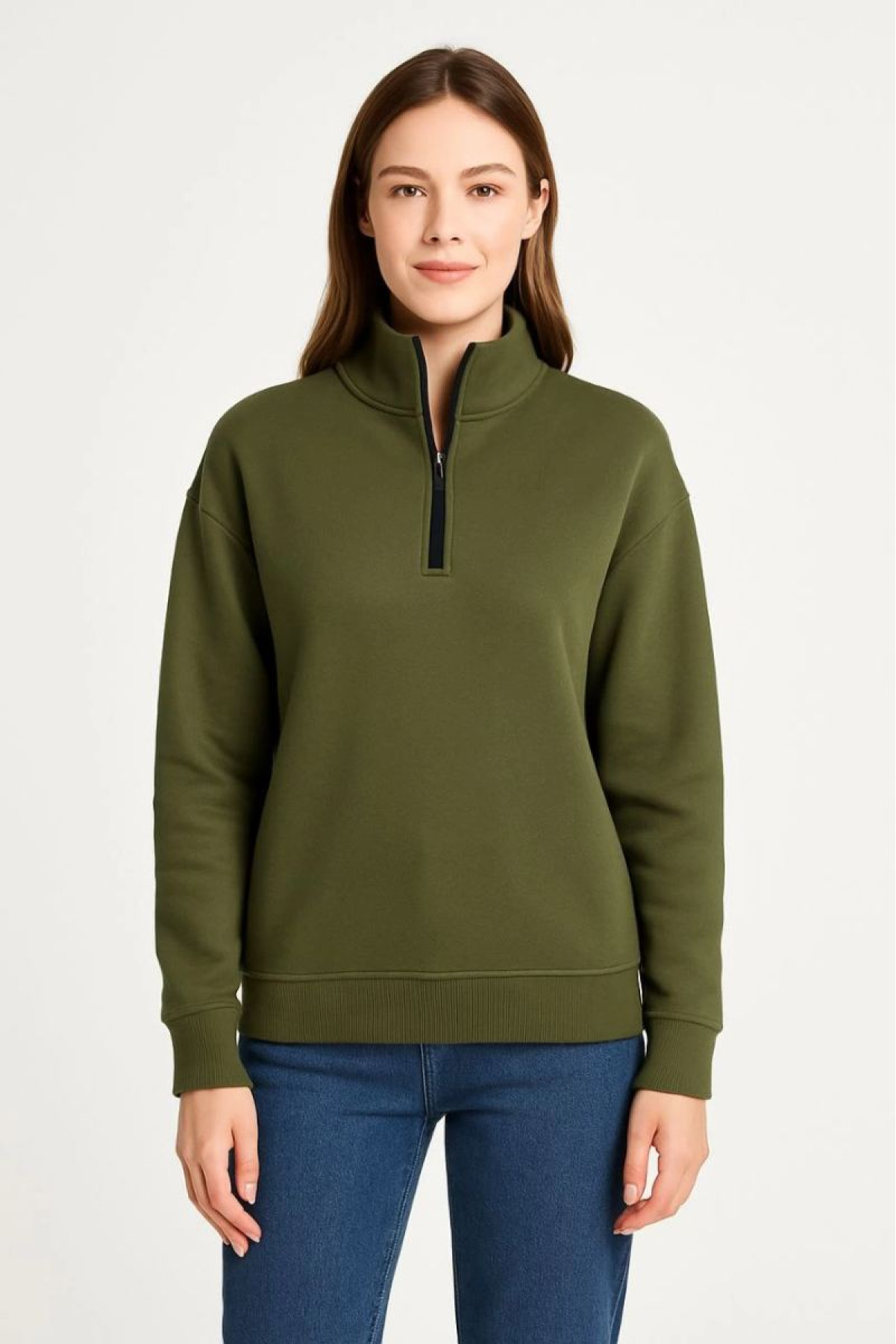 Kadın 3 iplik Dık Yaka Yarım Fermuarlı SweatShirt - Haki