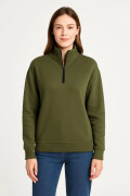 Kadın 3 iplik Dık Yaka Yarım Fermuarlı SweatShirt - Haki