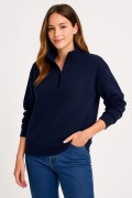Kadın 3 İplik Pamuklu Dık Yaka Yarım Fermuarlı SweatShirt - Lacivert
