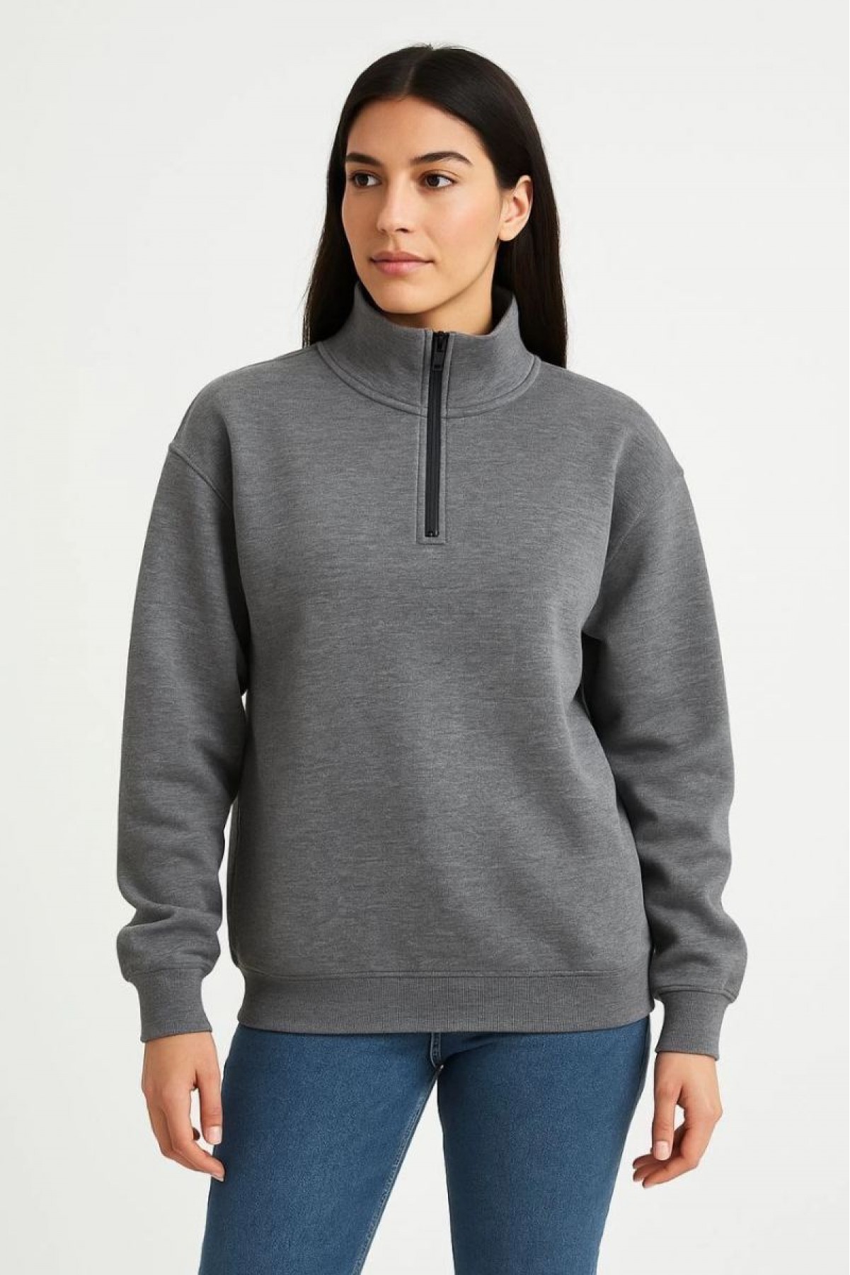 Kadın 3 İplik Pamuklu Dık Yaka Yarım Fermuarlı SweatShirt - Antrasit