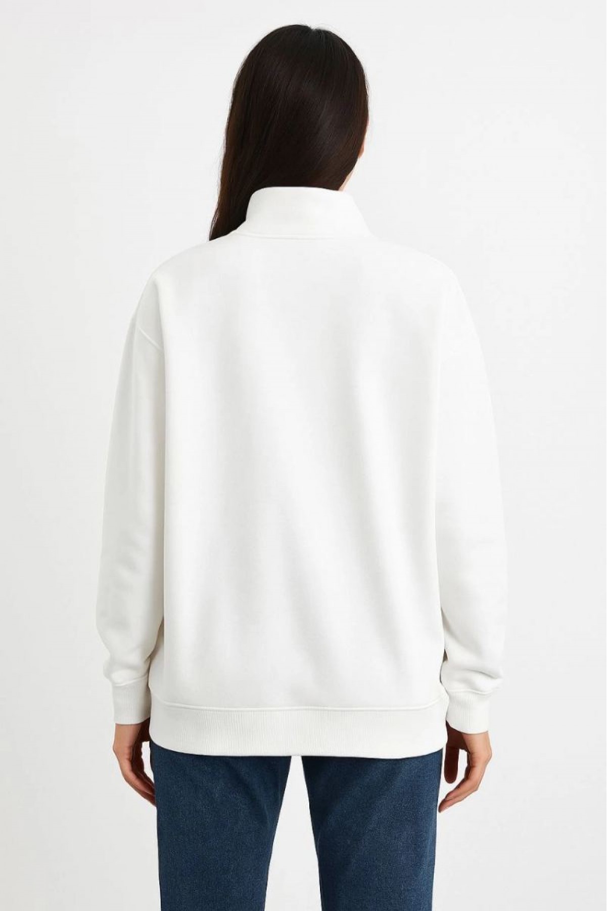Kadın 3 İplik Pamuklu Dık Yaka Yarım Fermuarlı SweatShirt - Beyaz