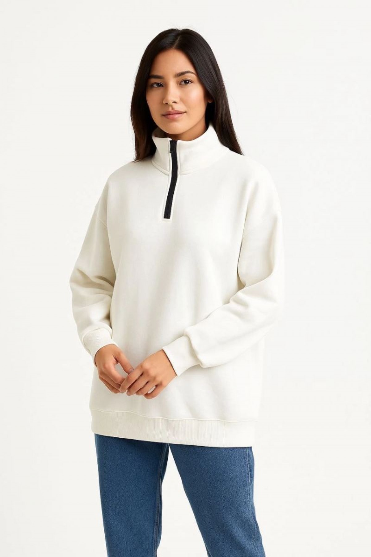 Kadın 3 İplik Pamuklu Dık Yaka Yarım Fermuarlı SweatShirt - Beyaz