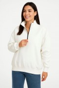 Kadın 3 İplik Pamuklu Dık Yaka Yarım Fermuarlı SweatShirt - Beyaz