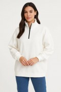 Kadın 3 İplik Pamuklu Dık Yaka Yarım Fermuarlı SweatShirt - Beyaz