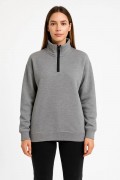 Kadın 3 İplik Pamuklu Dık Yaka Yarım Fermuarlı SweatShirt - Gri