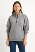 Kadın 3 İplik Pamuklu Dık Yaka Yarım Fermuarlı SweatShirt - Gri