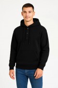 Erkek Kapüşonlu Hoodie Cepli Çıtçıtlı 3 İplik Pamuklu Sweatshirt - Siyah