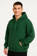 Erkek Kapüşonlu Hoodie Cepli Çıtçıtlı 3 İplik Pamuklu Sweatshirt - Haki
