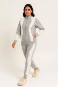 Kadın Premium Parçalı Eşofman Alt-Üst Takım - Dik Yaka Fermuarlı Sweatshirt - Gri