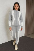 Kadın Premium Parçalı Eşofman Alt-Üst Takım - Dik Yaka Fermuarlı Sweatshirt - Gri