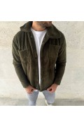 Erkek Pelüş Polar Hırka Gömlek Yakalı İlik Düğmeli Göğüs Cepli Yumuşak Dokulu - Haki