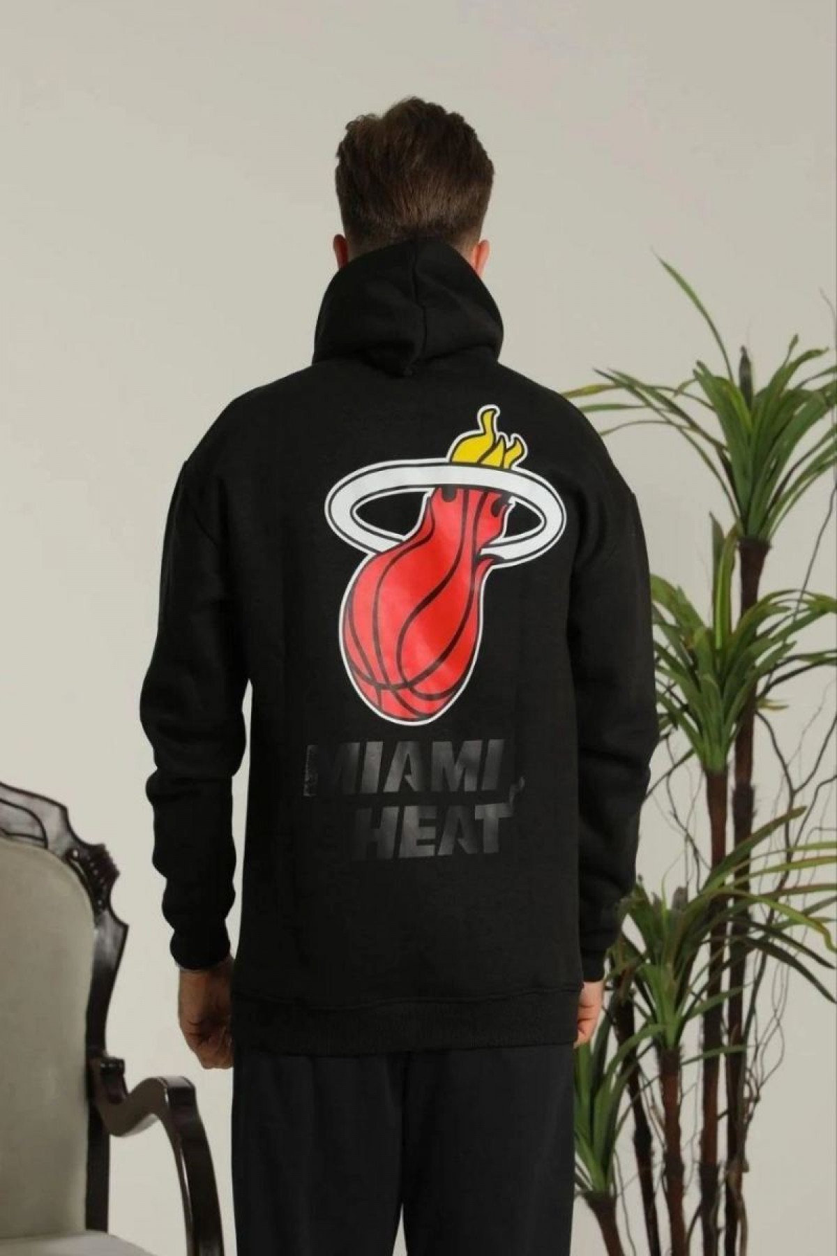 Erkek 3 İplik Pamuklu Kapüşonlu Baskılı Cepli Oversize Sweatshirt Hoodie - Siyah