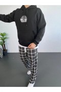 Erkek Kapüşonlu Kanguru Cepli Sweatshirt 3 İplik Pamuklu Baskılı Hoodie - Siyah