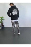 Erkek Kapüşonlu Kanguru Cepli Sweatshirt 3 İplik Pamuklu Baskılı Hoodie - Siyah