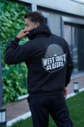 Erkek Kapüşonlu Kanguru Cepli Sweatshirt 3 İplik Pamuklu Baskılı Hoodie - Siyah